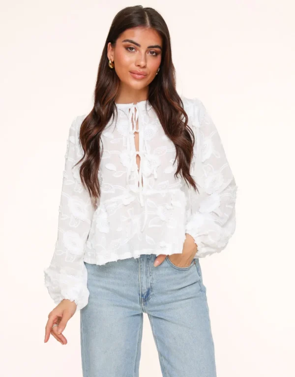 White Flowers Long Sleeves Bow Ties-Blouse<Olivia & Kate Discount