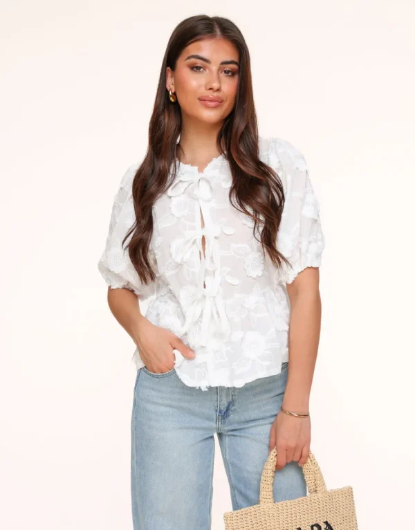 White Flowers Short Puff Sleeves Bow Ties-Blouse<Olivia & Kate Flash Sale